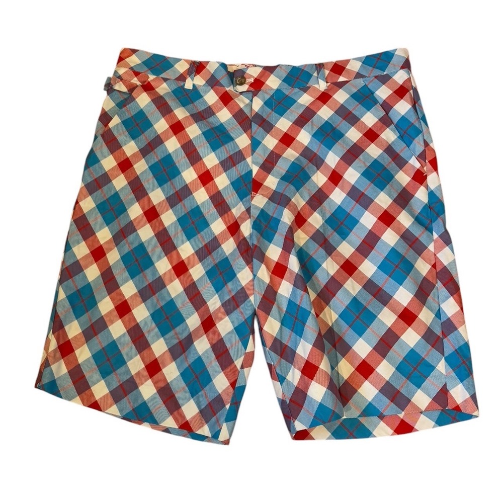 Spicy Golfer Royal & Awesome Mens Red White Blue Plaid Golf Shorts 40 Funky Loud